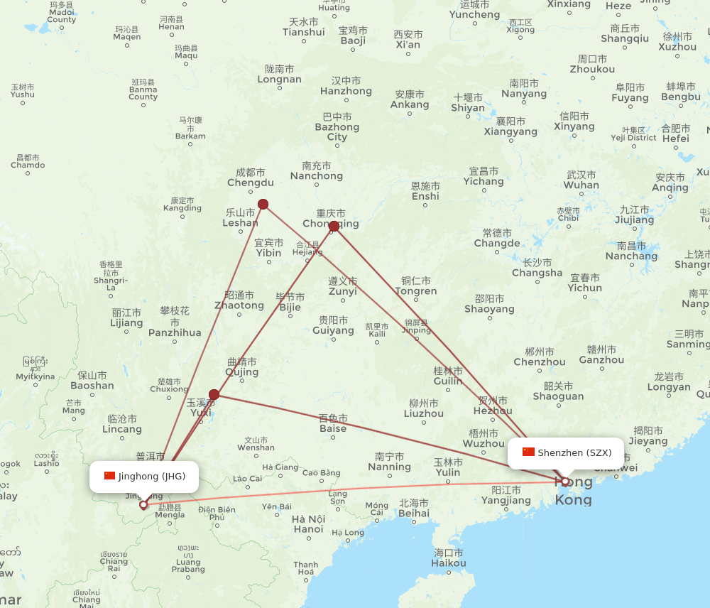 SZX-JHG flight routes