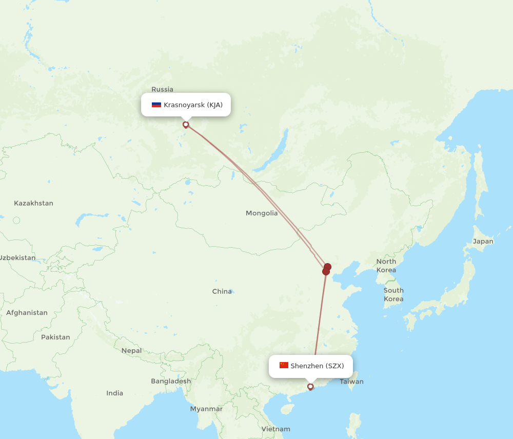 Krasnojarsk - Shenzhen route map and flight paths