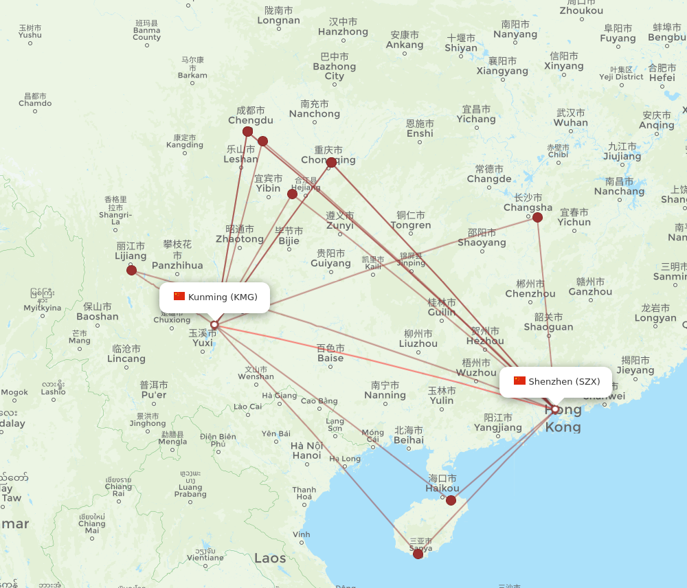 SZX to KMG flights and routes map