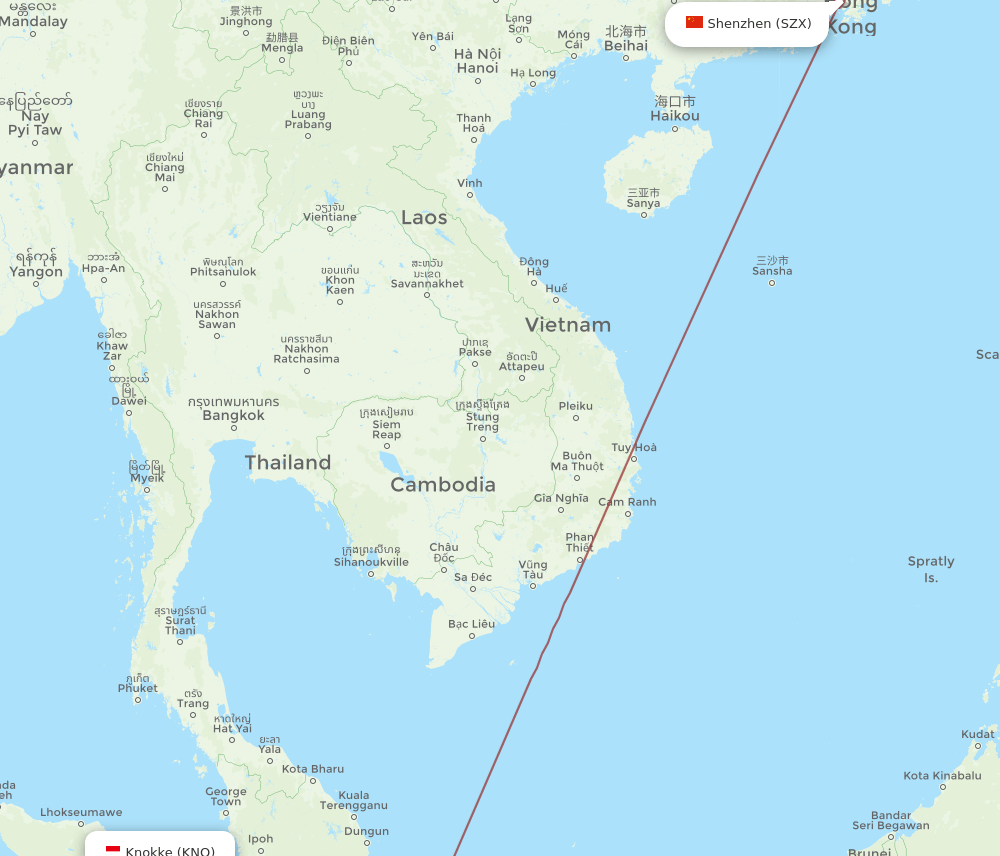 Kuala Namu - Shenzhen route map and flight paths