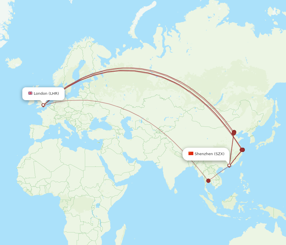 SZX to LHR flights and routes map
