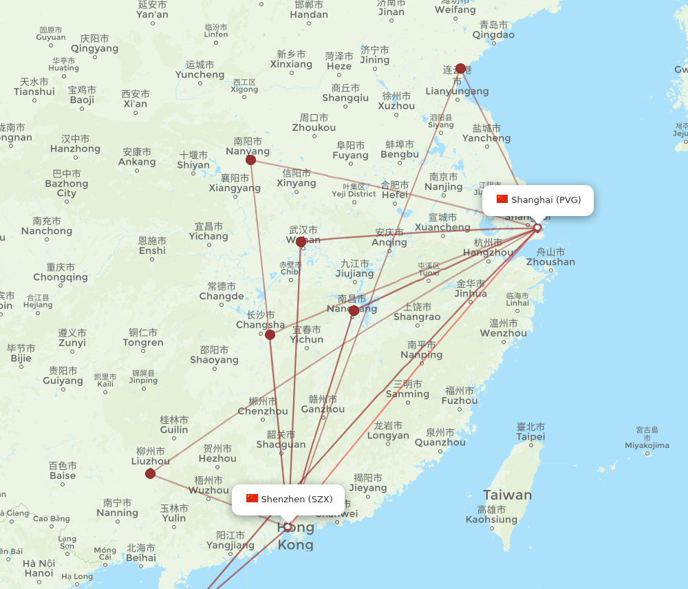 SZX to PVG flights and routes map