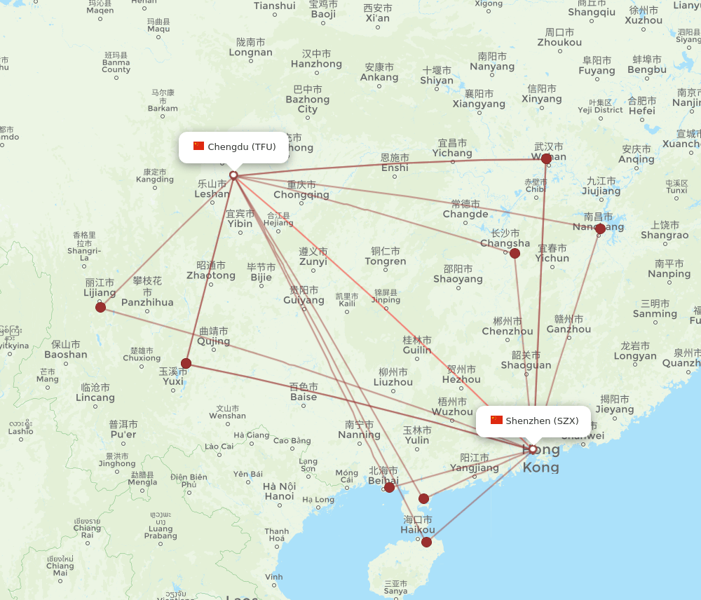 SZX to TFU flights and routes map