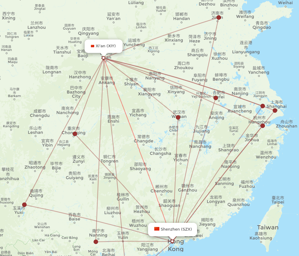 SZX to XIY flights and routes map