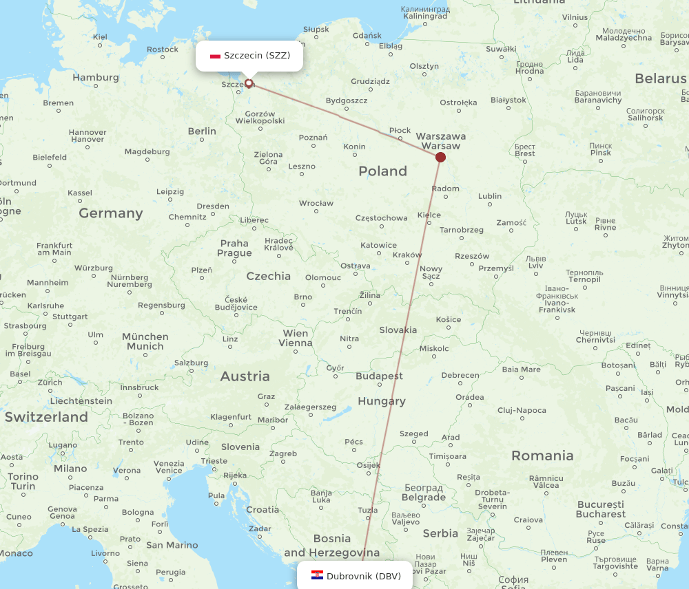 Dubrovnik - Szczecin route map and flight paths
