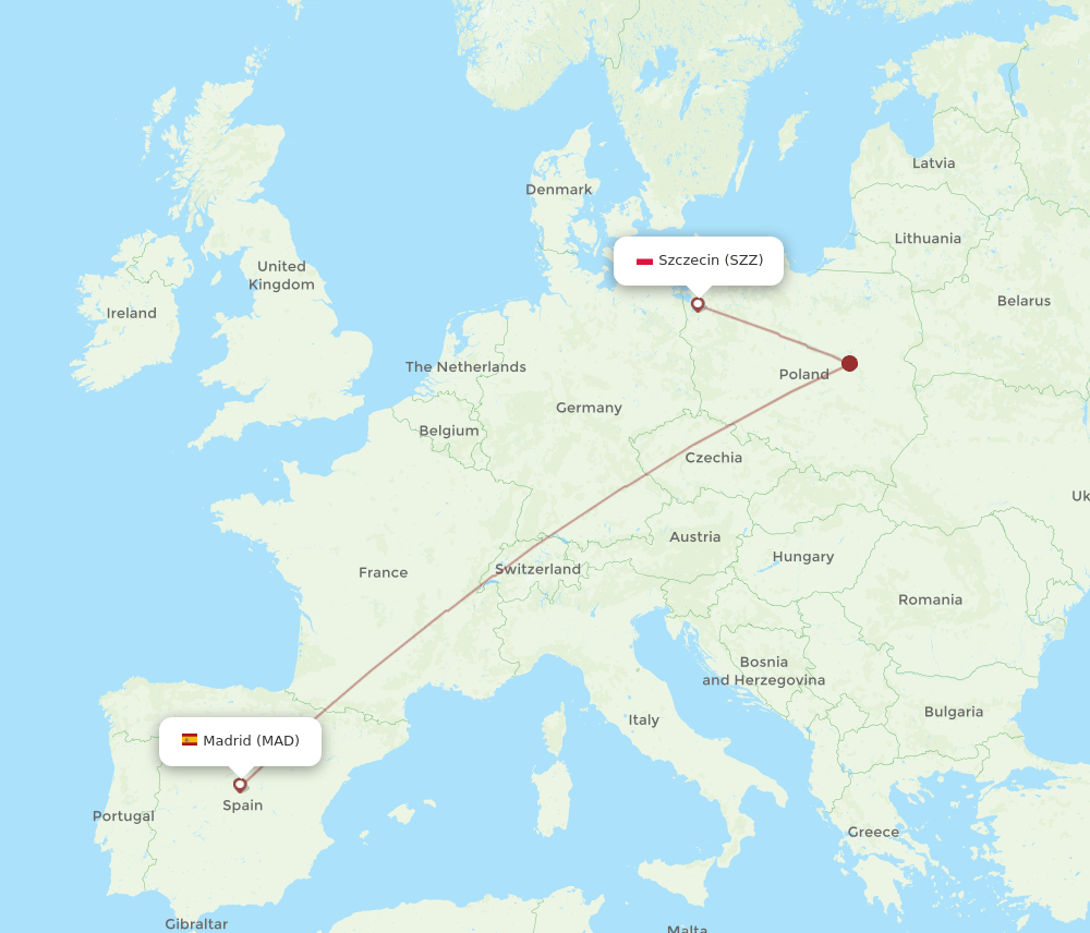 Madrid - Szczecin route map and flight paths
