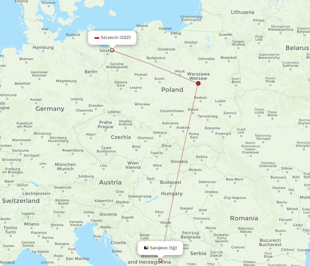 SZZ to SJJ flights and routes map