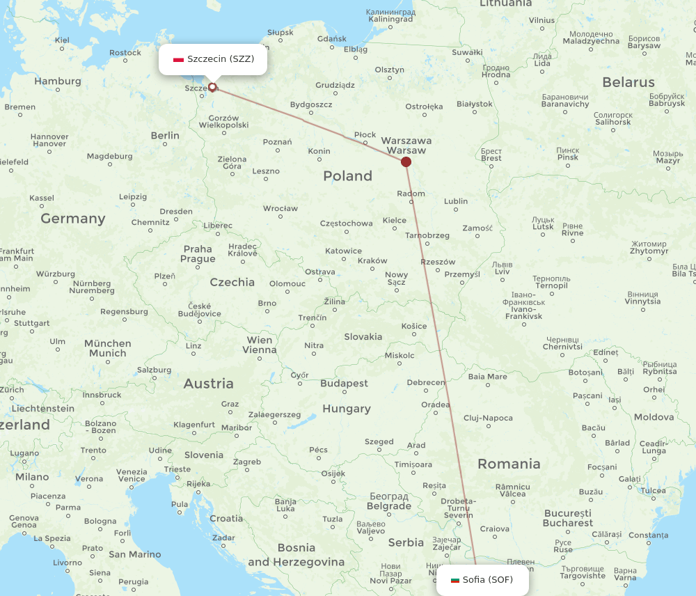 SZZ to SOF flights and routes map