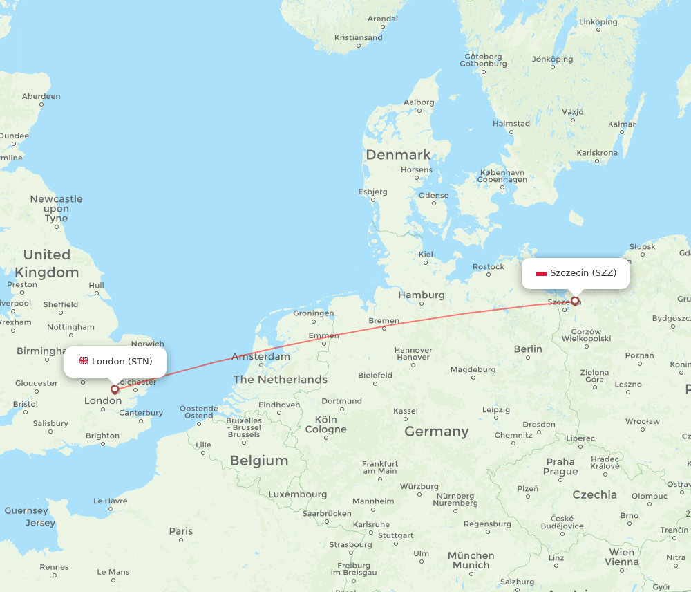 Szczecin - London route map and flight paths