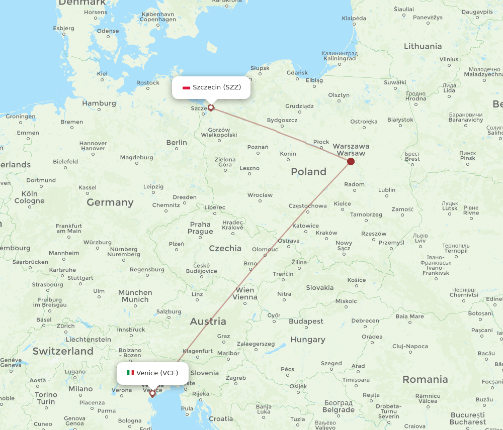 Venice - Szczecin route map and flight paths