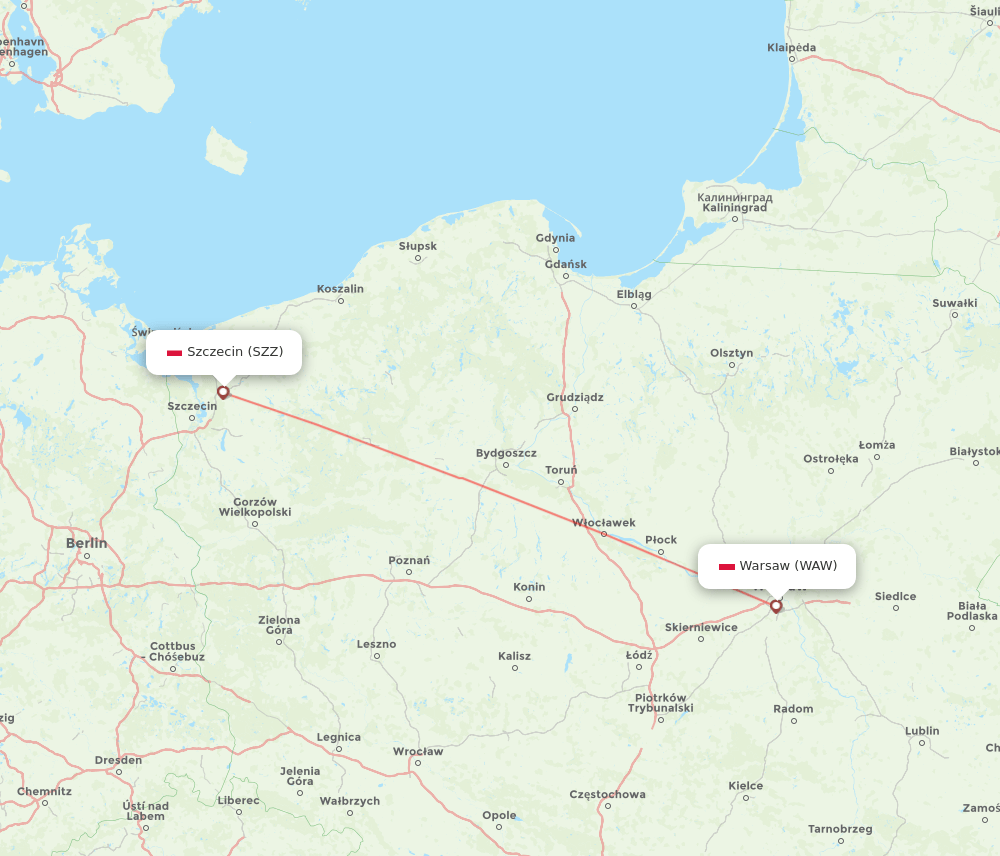 Szczecin - Warsaw route map and flight paths
