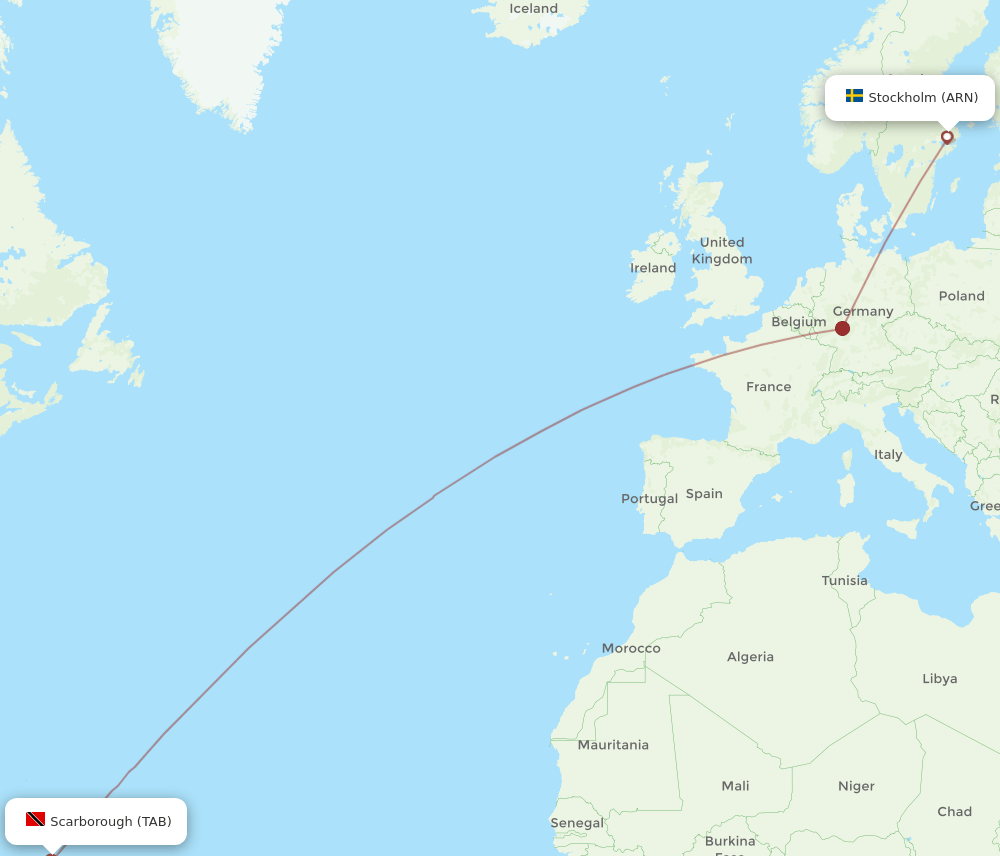 Stockholm - Tobago route map and flight paths