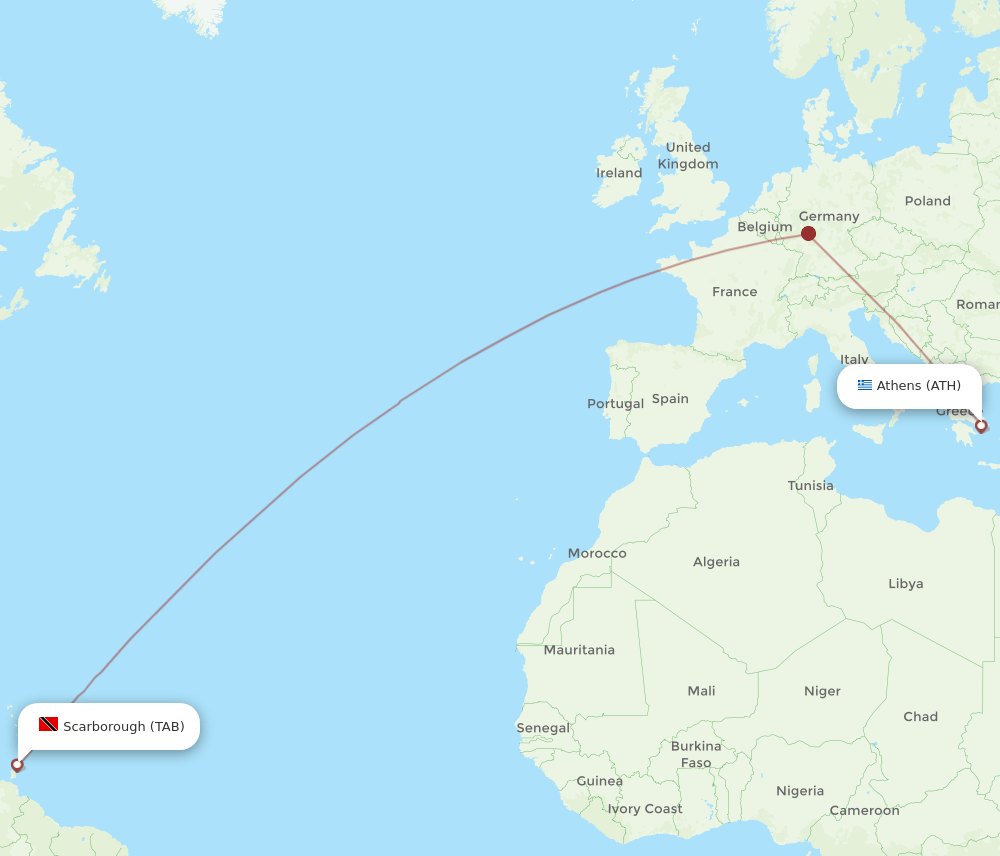 Athens - Tobago route map and flight paths