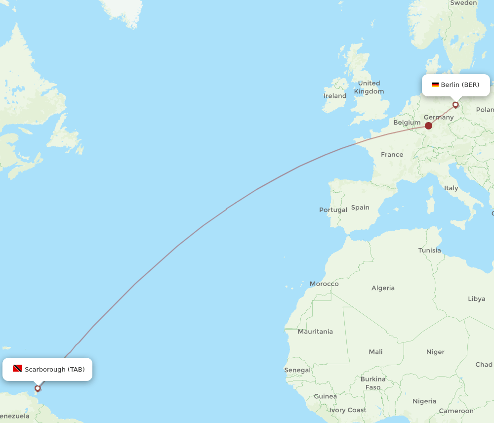 Berlin - Tobago route map and flight paths