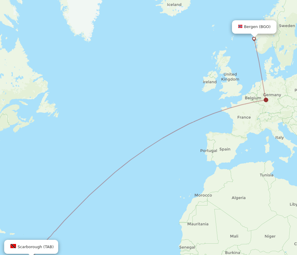 Bergen - Tobago route map and flight paths