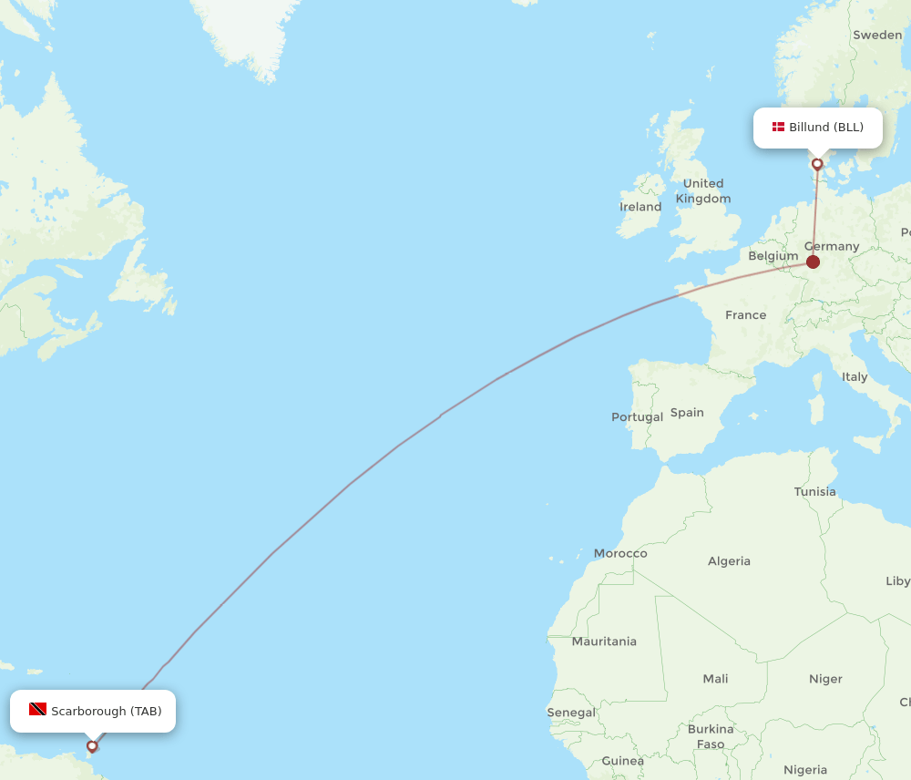 Billund - Tobago route map and flight paths