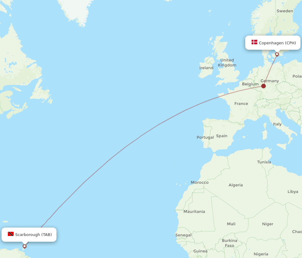 Copenhagen - Tobago route map and flight paths