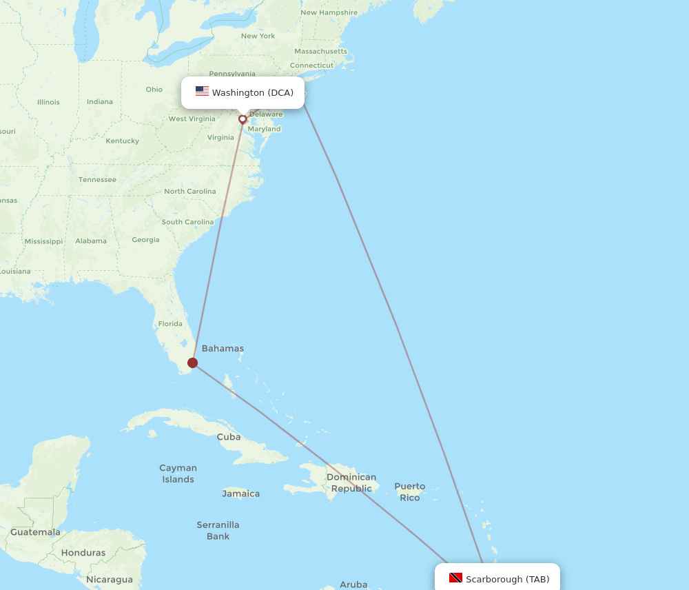 TAB to DCA flights and routes map