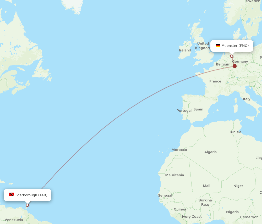 Muenster - Tobago route map and flight paths