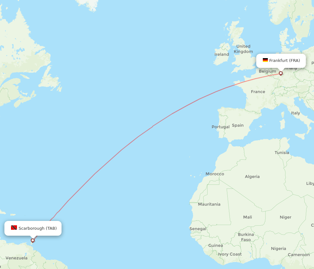 Frankfurt - Tobago route map and flight paths