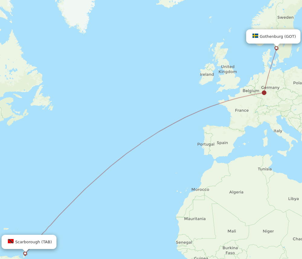 Gothenburg - Tobago route map and flight paths