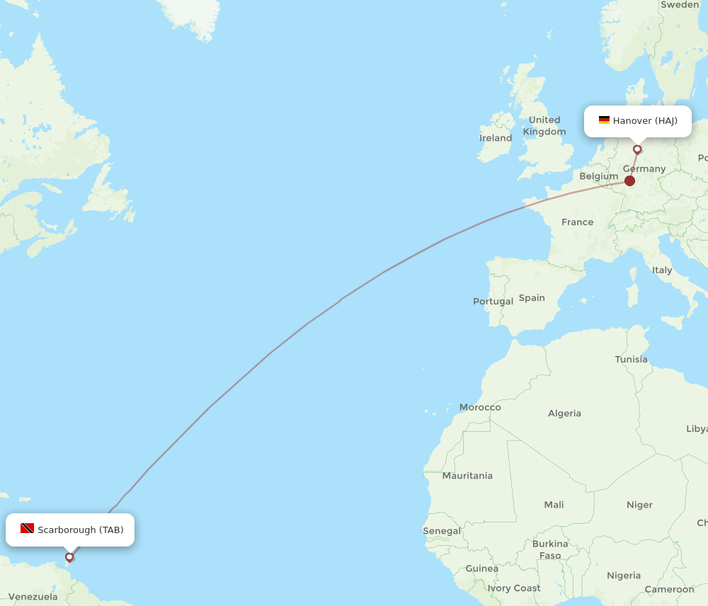 Hanover - Tobago route map and flight paths