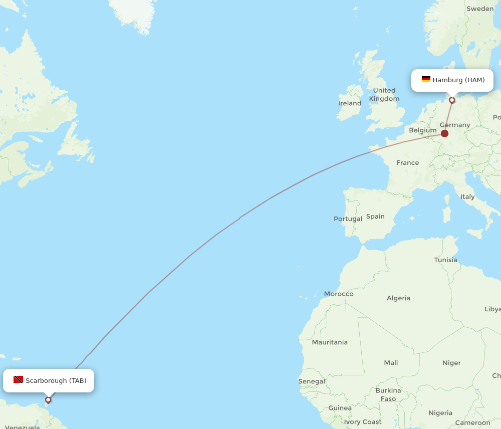 Hamburg - Tobago route map and flight paths