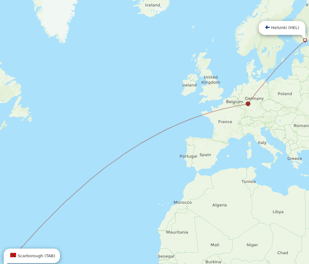 Helsinki - Tobago route map and flight paths