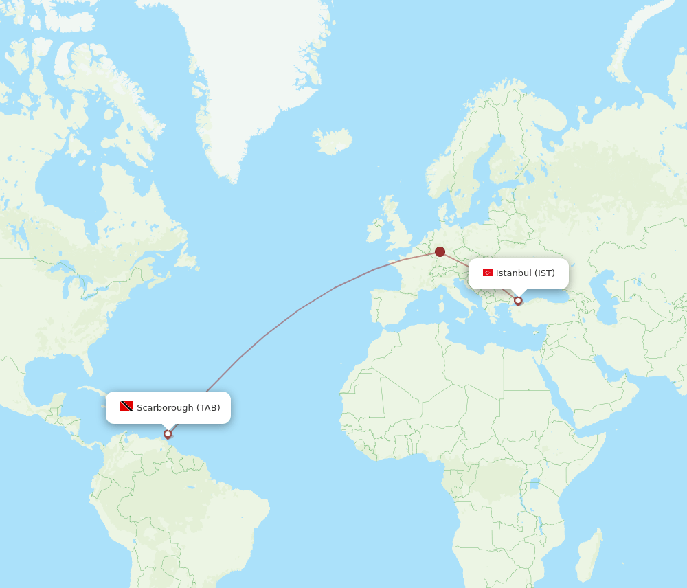 Istanbul - Tobago route map and flight paths