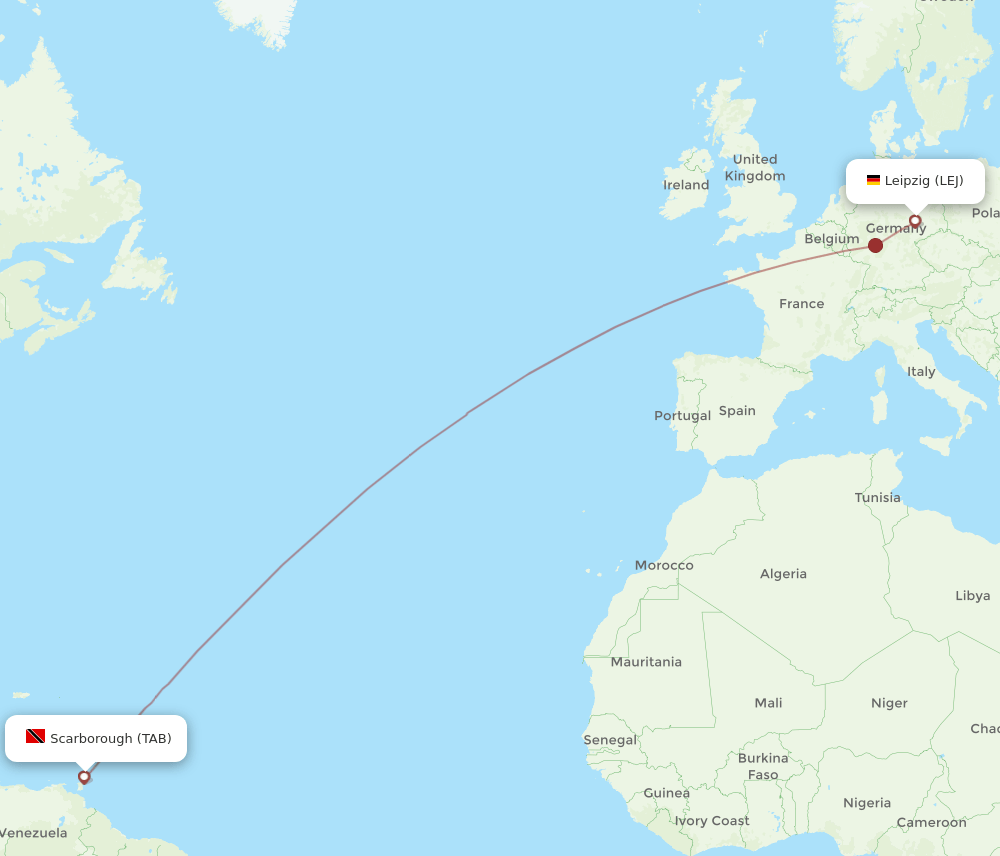 Leipzig/Halle - Tobago route map and flight paths