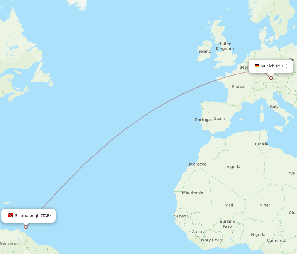 Munich - Tobago route map and flight paths