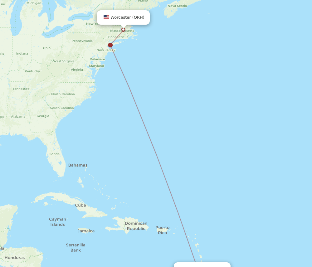 Tobago - Worcester route map and flight paths