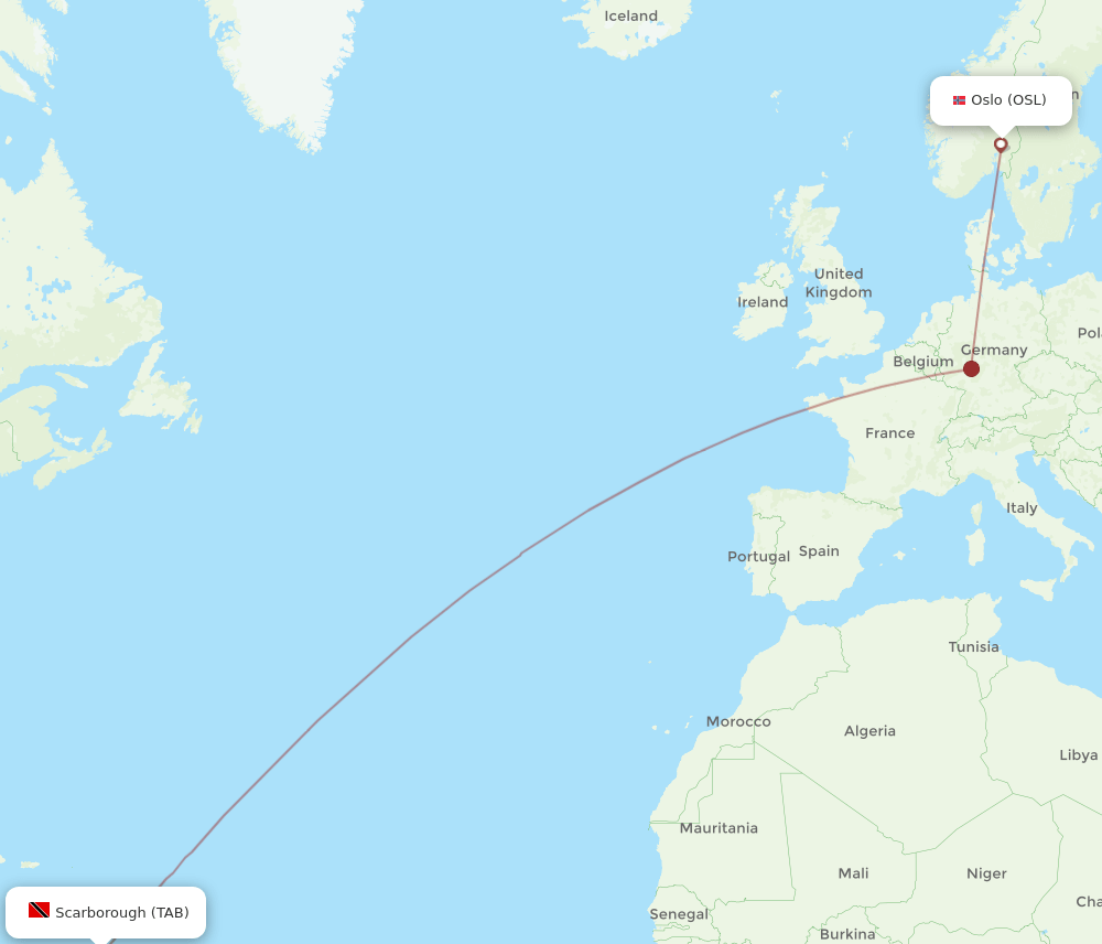 Oslo - Tobago route map and flight paths