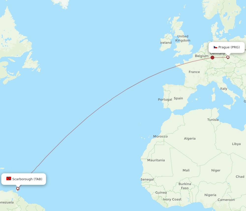 Prague - Tobago route map and flight paths