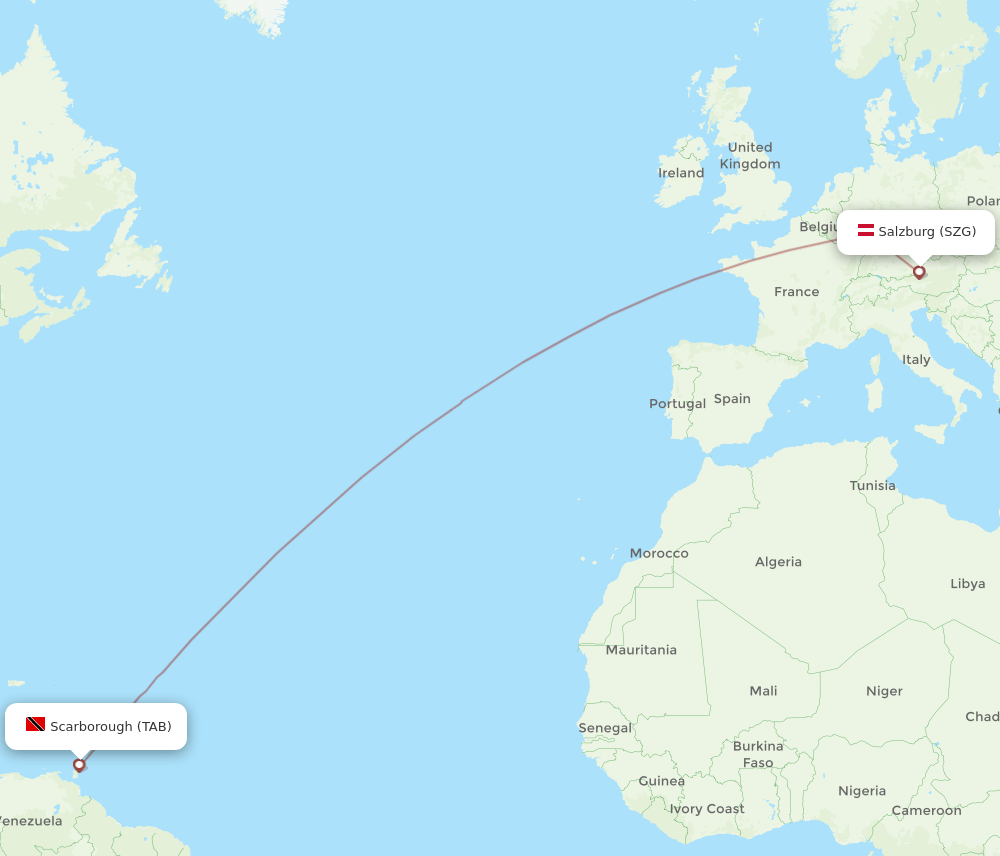 Salzburg - Tobago route map and flight paths