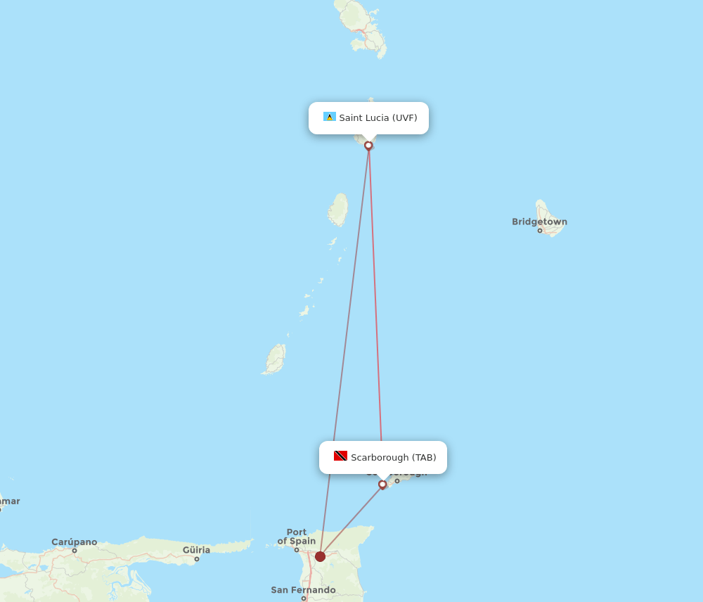 Tobago - Saint Lucia route map and flight paths