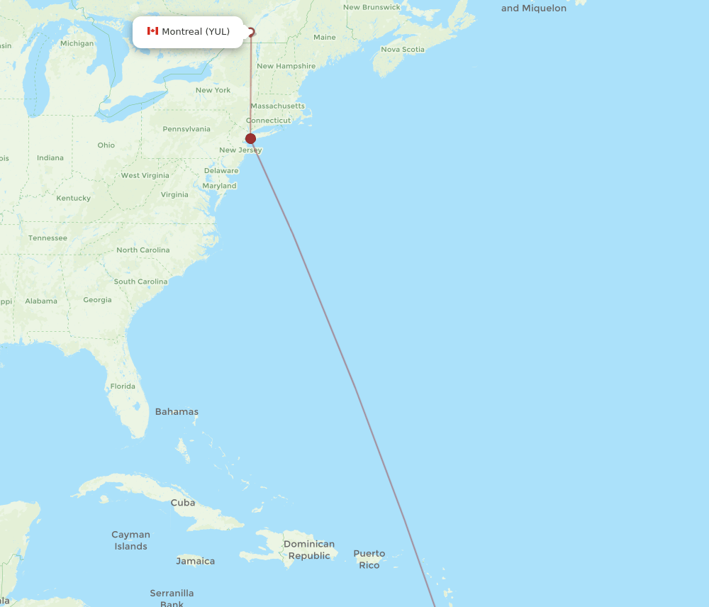 Montreal - Tobago route map and flight paths