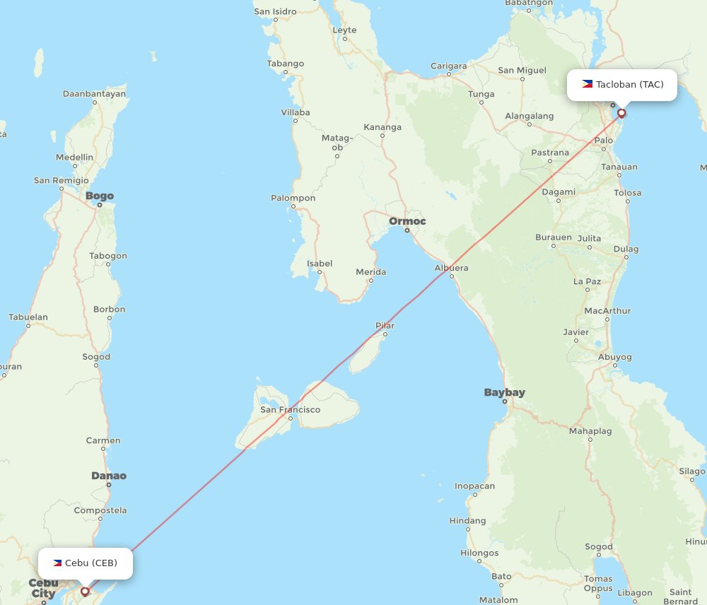 Tacloban - Cebu City route map and flight paths