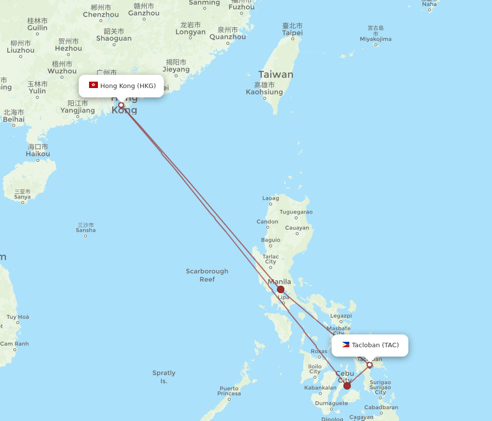 TAC to HKG flights and routes map