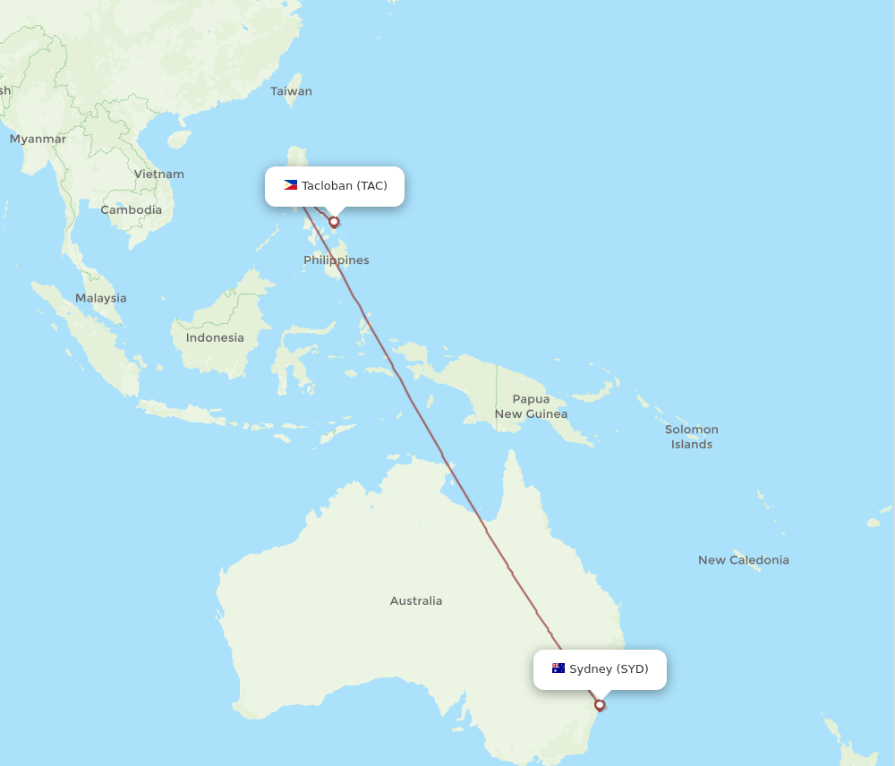 Sydney - Tacloban route map and flight paths