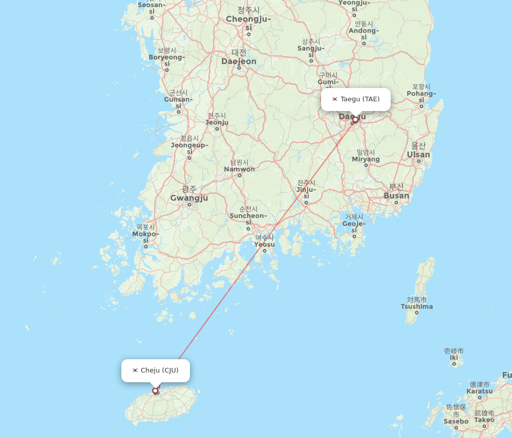Daegu - Jeju route map and flight paths