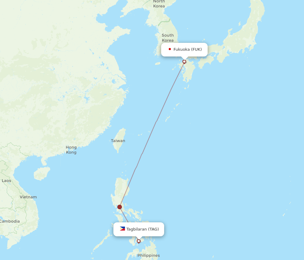 Fukuoka - Panglao route map and flight paths