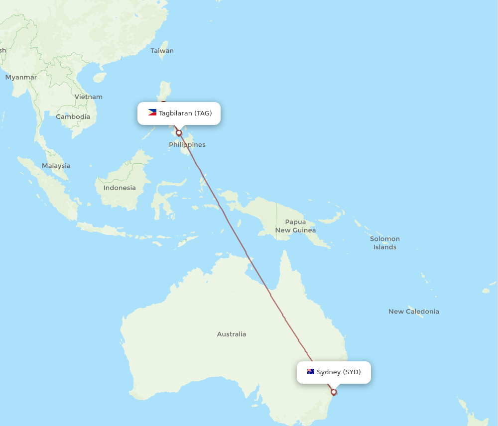 Sydney - Panglao route map and flight paths