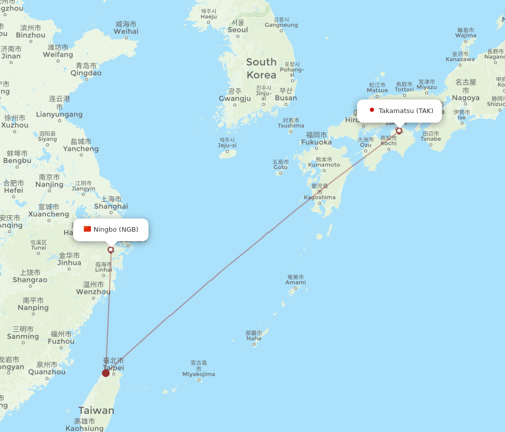 Ningbo - Takamatsu route map and flight paths