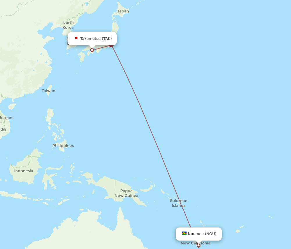 Takamatsu - Noumea route map and flight paths