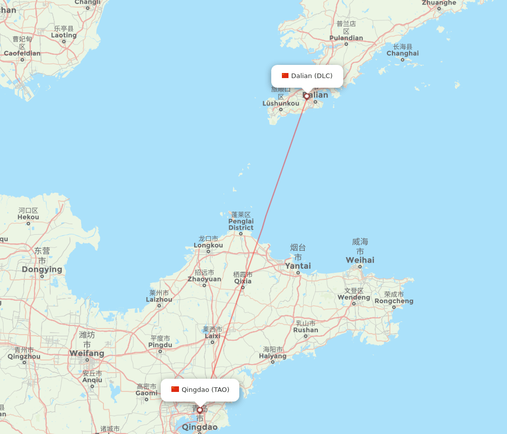 Qingdao - Dalian route map and flight paths