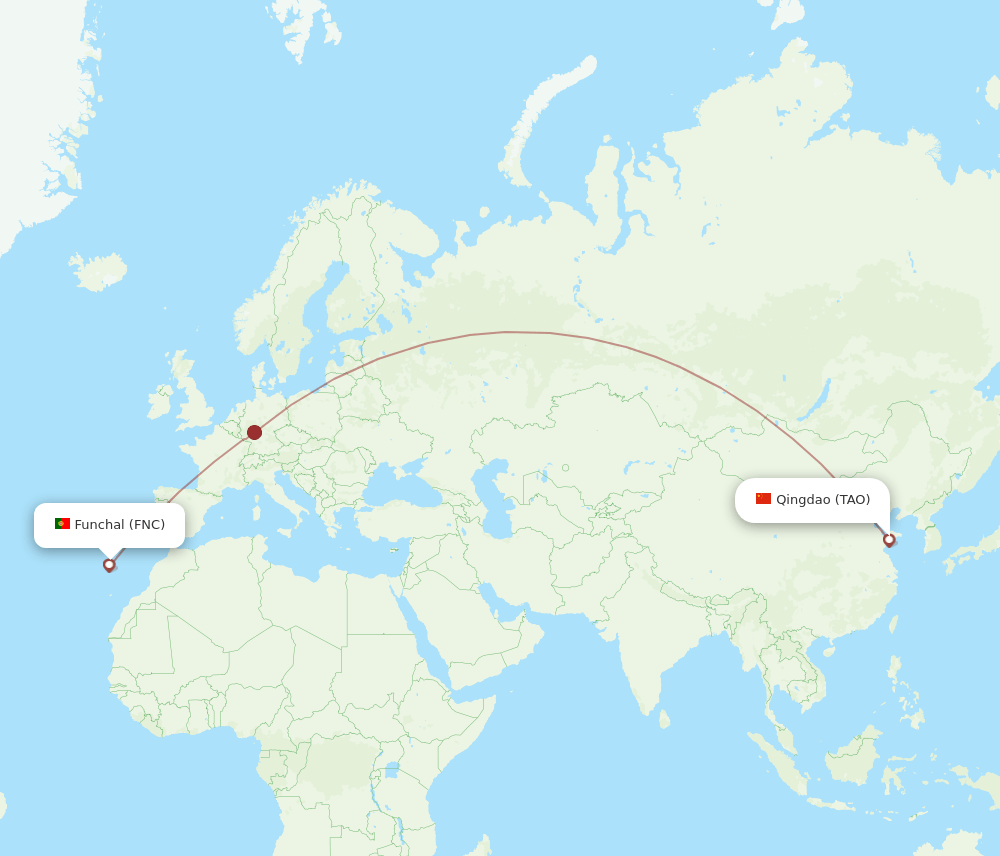 Funchal - Qingdao route map and flight paths