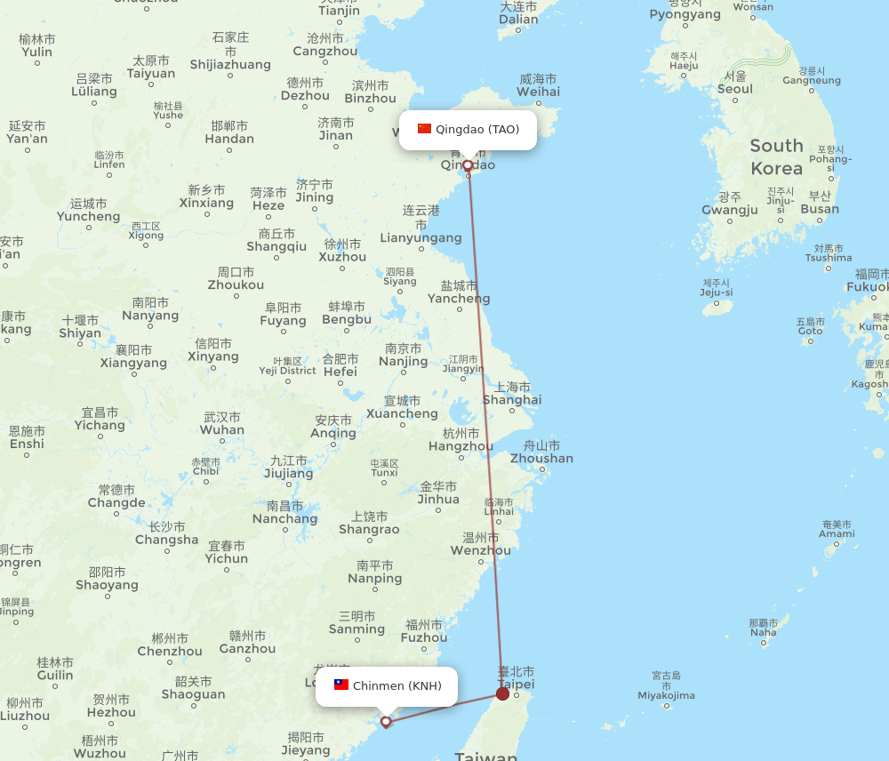 Kinmen - Qingdao route map and flight paths