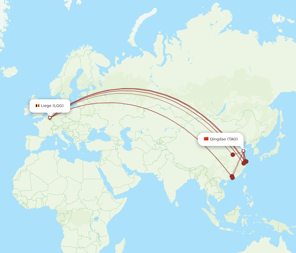 Qingdao - Liege route map and flight paths