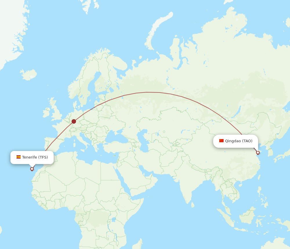Tenerife - Qingdao route map and flight paths